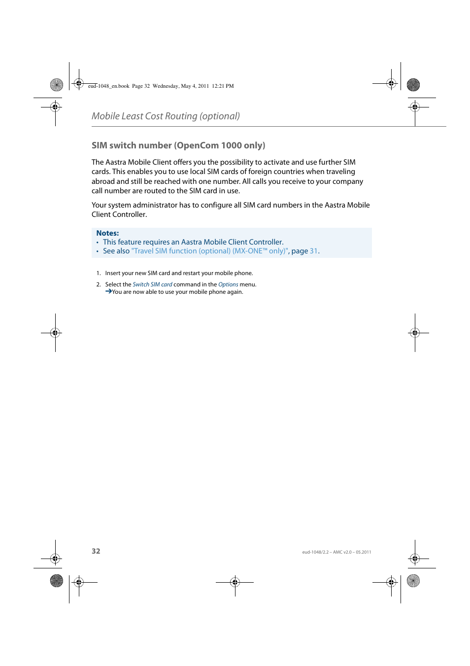 Sim switch number (opencom 1000 only), Mobile least cost routing (optional) | AASTRA AMC EN User Manual | Page 32 / 35