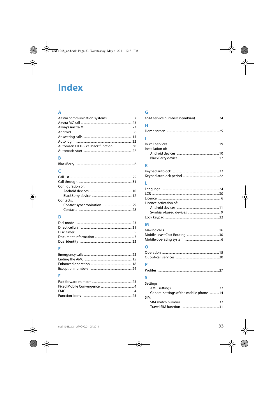 Index | AASTRA AMC EN User Manual | Page 33 / 35
