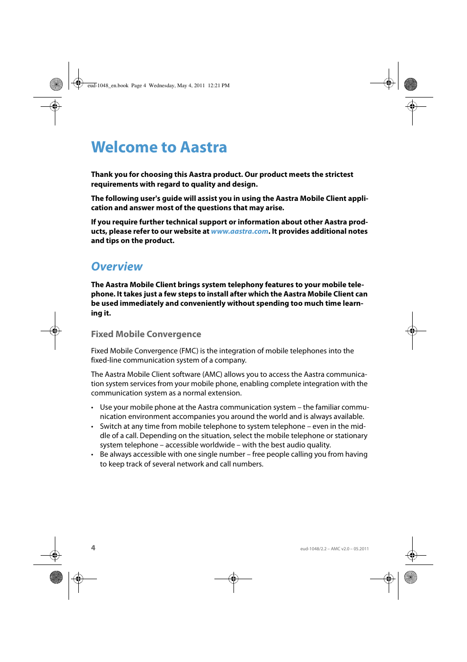 Welcome to aastra, Overview, Fixed mobile convergence | AASTRA AMC EN User Manual | Page 4 / 35