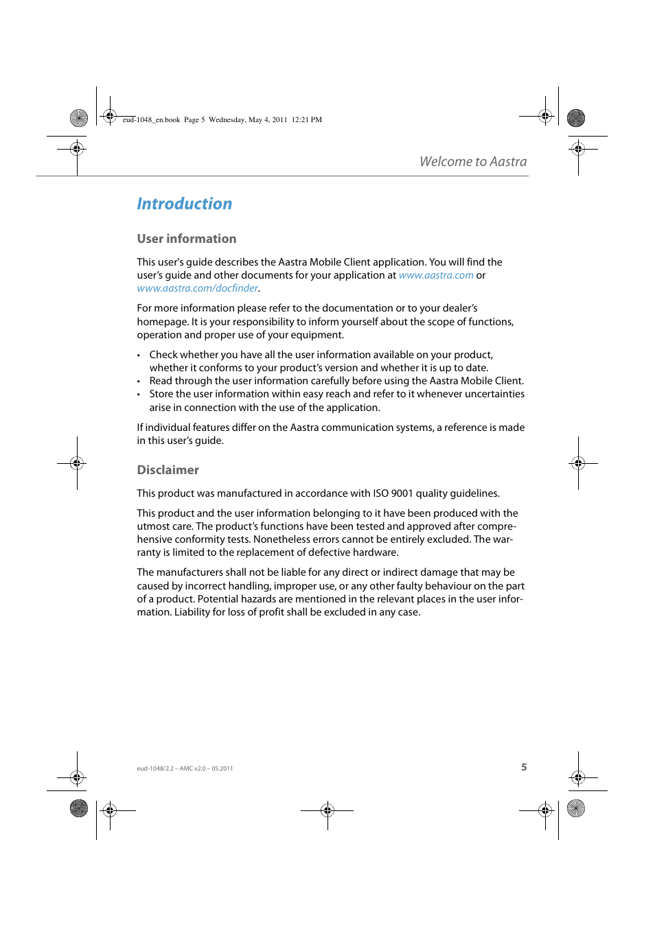 Introduction, User information, Disclaimer | User information disclaimer, Welcome to aastra | AASTRA AMC EN User Manual | Page 5 / 35