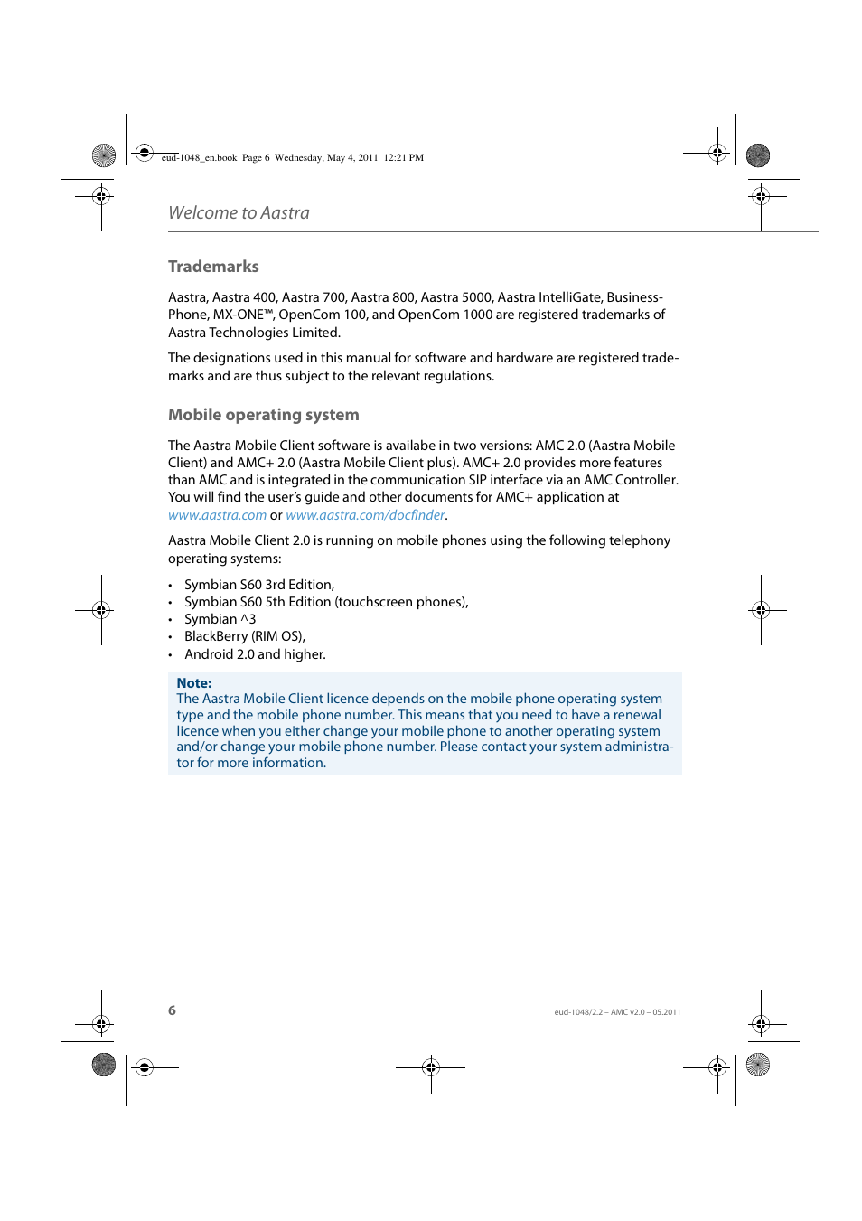 Trademarks, Mobile operating system, Trademarks mobile operating system | Welcome to aastra | AASTRA AMC EN User Manual | Page 6 / 35