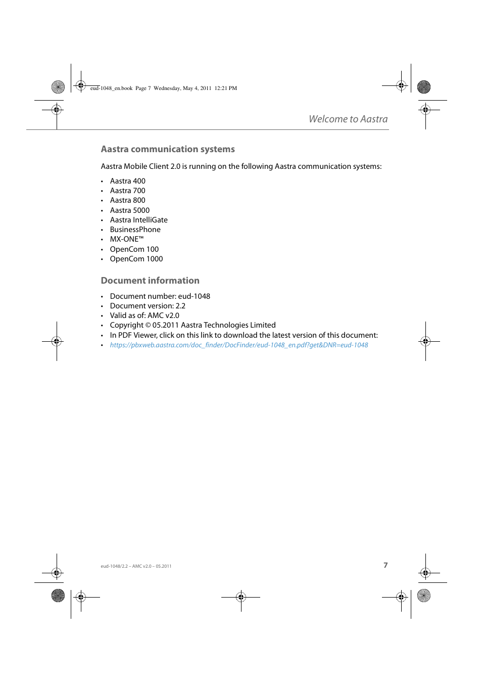 Aastra communication systems, Document information, Aastra communication systems document information | Welcome to aastra | AASTRA AMC EN User Manual | Page 7 / 35