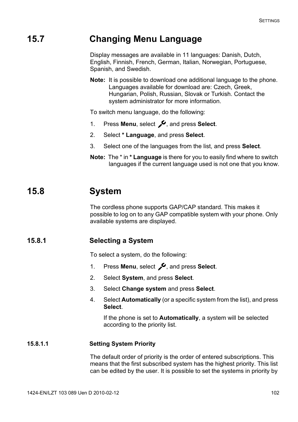 7 changing menu language, Press menu, select , and press select, Select * language, and press select | 8 system, 1 selecting a system, Select system, and press select, Select change system and press select, 1 setting system priority | AASTRA DT4x3 for MX-ONE User Guide EN User Manual | Page 102 / 120