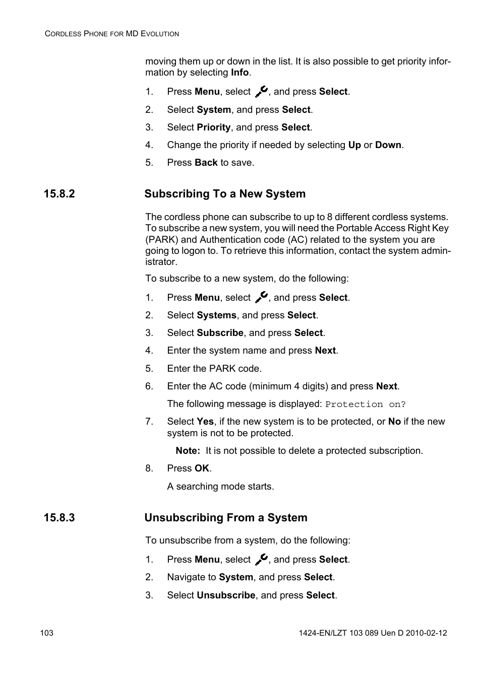 Press menu, select , and press select, Select system, and press select, Select priority, and press select | Press back to save, 2 subscribing to a new system, Select systems, and press select, Select subscribe, and press select, Enter the system name and press next, Enter the park code, Press ok | AASTRA DT4x3 for MX-ONE User Guide EN User Manual | Page 103 / 120