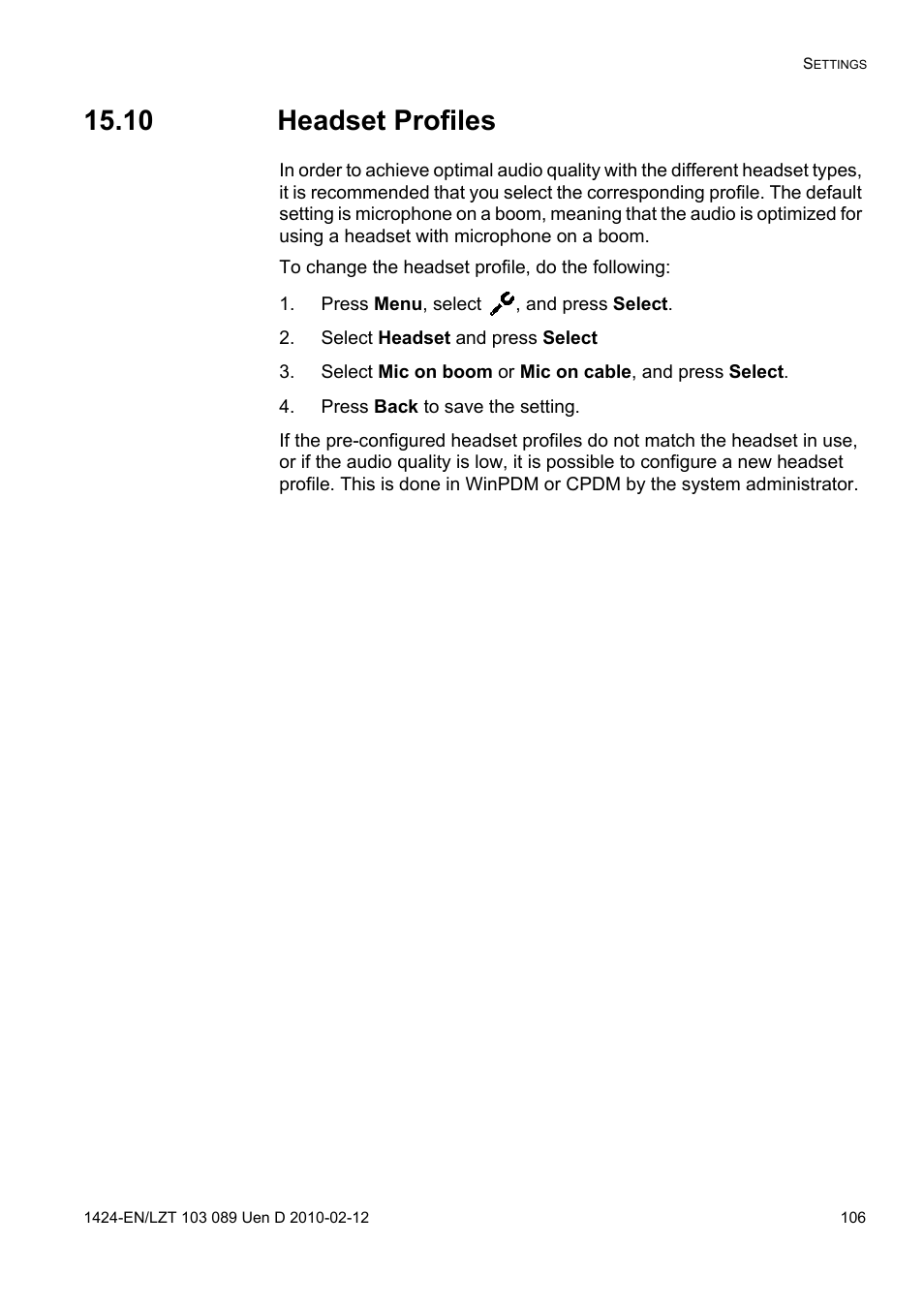 10 headset profiles, Press menu, select , and press select, Select headset and press select | Press back to save the setting | AASTRA DT4x3 for MX-ONE User Guide EN User Manual | Page 106 / 120