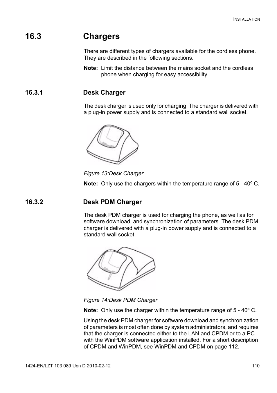 3 chargers, 1 desk charger, Figure 13: desk charger | 2 desk pdm charger, Figure 14: desk pdm charger | AASTRA DT4x3 for MX-ONE User Guide EN User Manual | Page 110 / 120
