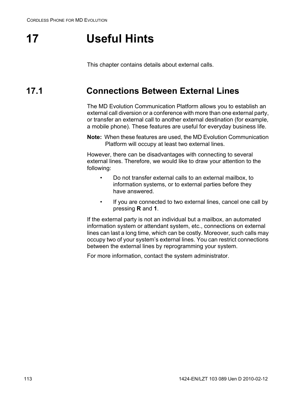 17 useful hints, 1 connections between external lines | AASTRA DT4x3 for MX-ONE User Guide EN User Manual | Page 113 / 120