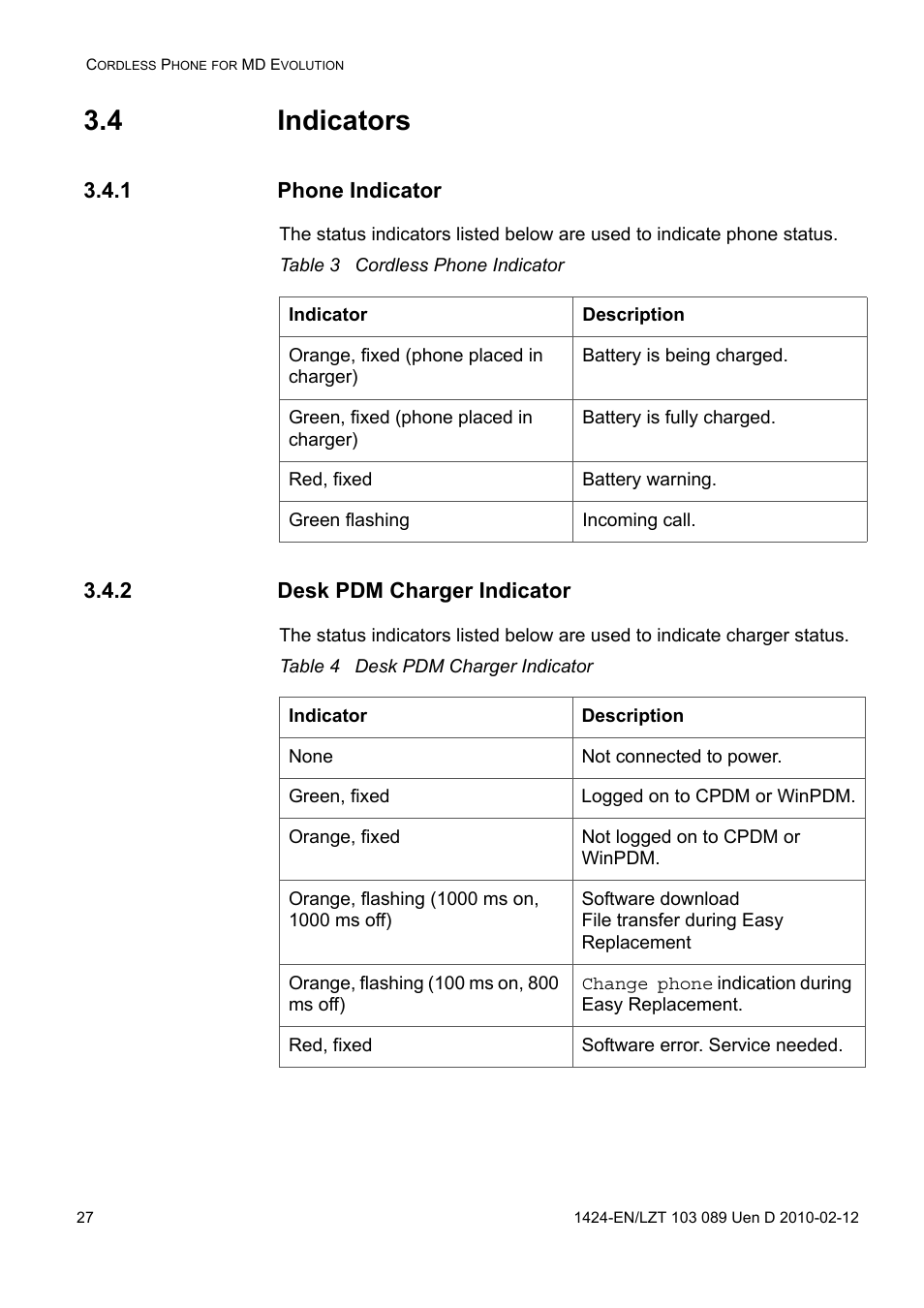 4 indicators, 1 phone indicator, Table 3 cordless phone indicator | 2 desk pdm charger indicator, Table 4 desk pdm charger indicator | AASTRA DT4x3 for MX-ONE User Guide EN User Manual | Page 27 / 120