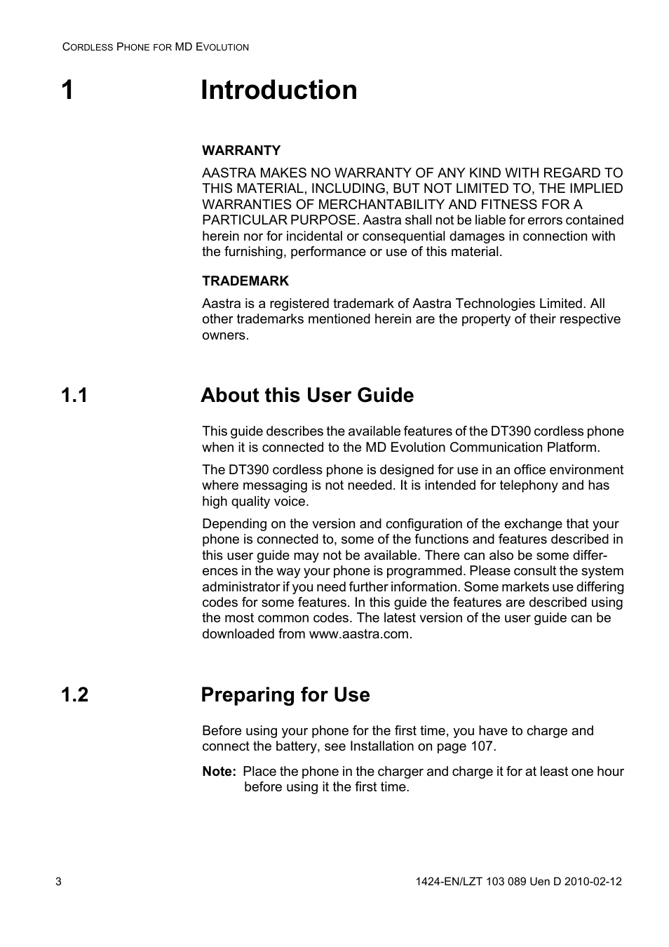 1 introduction, 1 about this user guide, 2 preparing for use | 1introduction | AASTRA DT4x3 for MX-ONE User Guide EN User Manual | Page 3 / 120