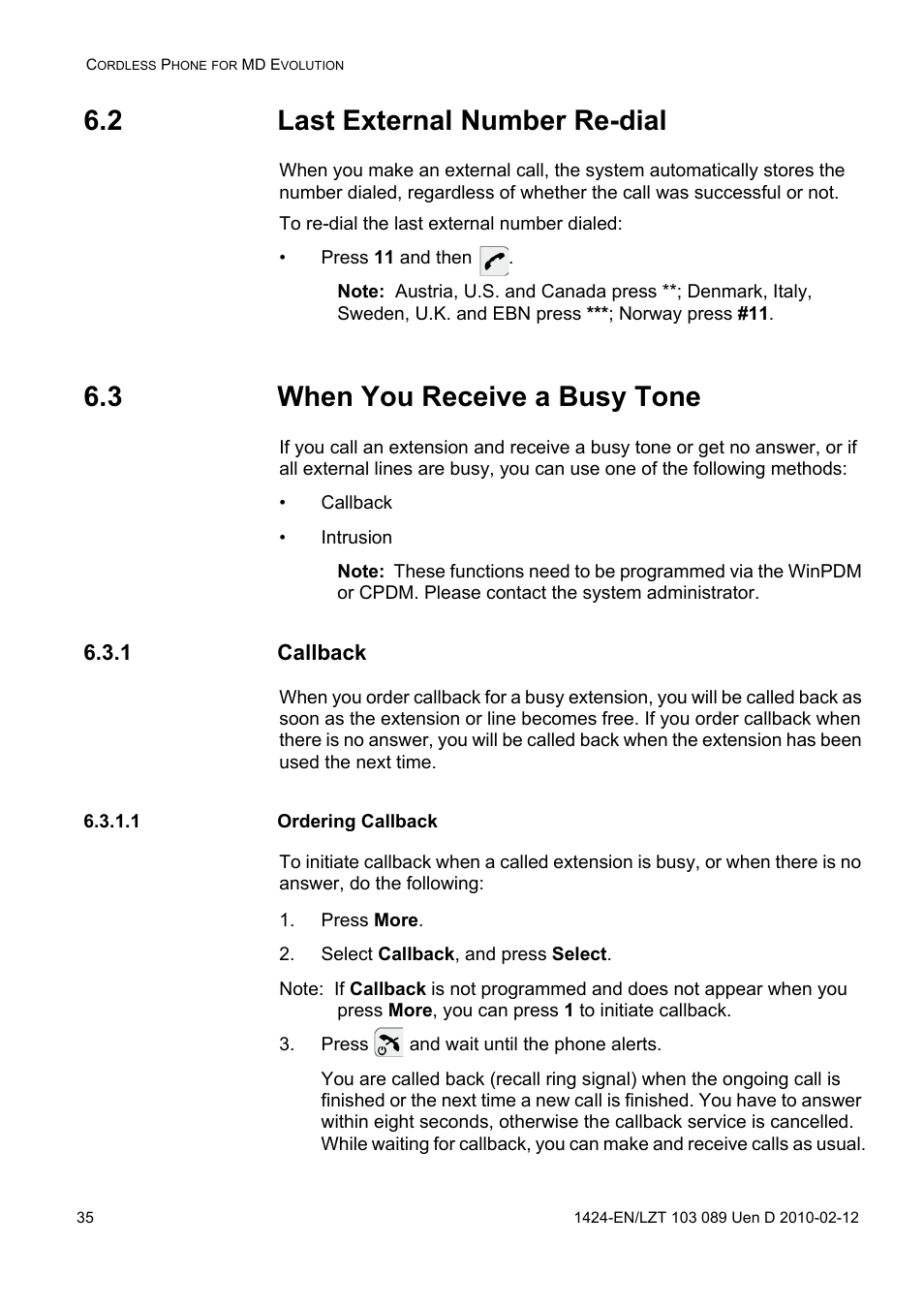 2 last external number re-dial, 3 when you receive a busy tone, 1 callback | 1 ordering callback, Press more, Select callback, and press select, Press and wait until the phone alerts | AASTRA DT4x3 for MX-ONE User Guide EN User Manual | Page 35 / 120