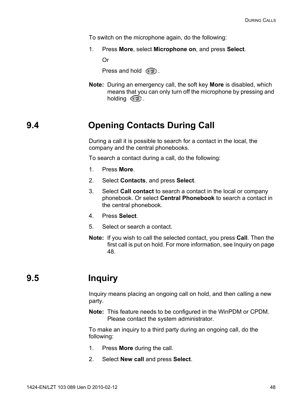 Press more, select microphone on, and press select, 4 opening contacts during call, Press more | Select contacts, and press select, Press select, Select or search a contact, 5 inquiry, Press more during the call, Select new call and press select | AASTRA DT4x3 for MX-ONE User Guide EN User Manual | Page 48 / 120