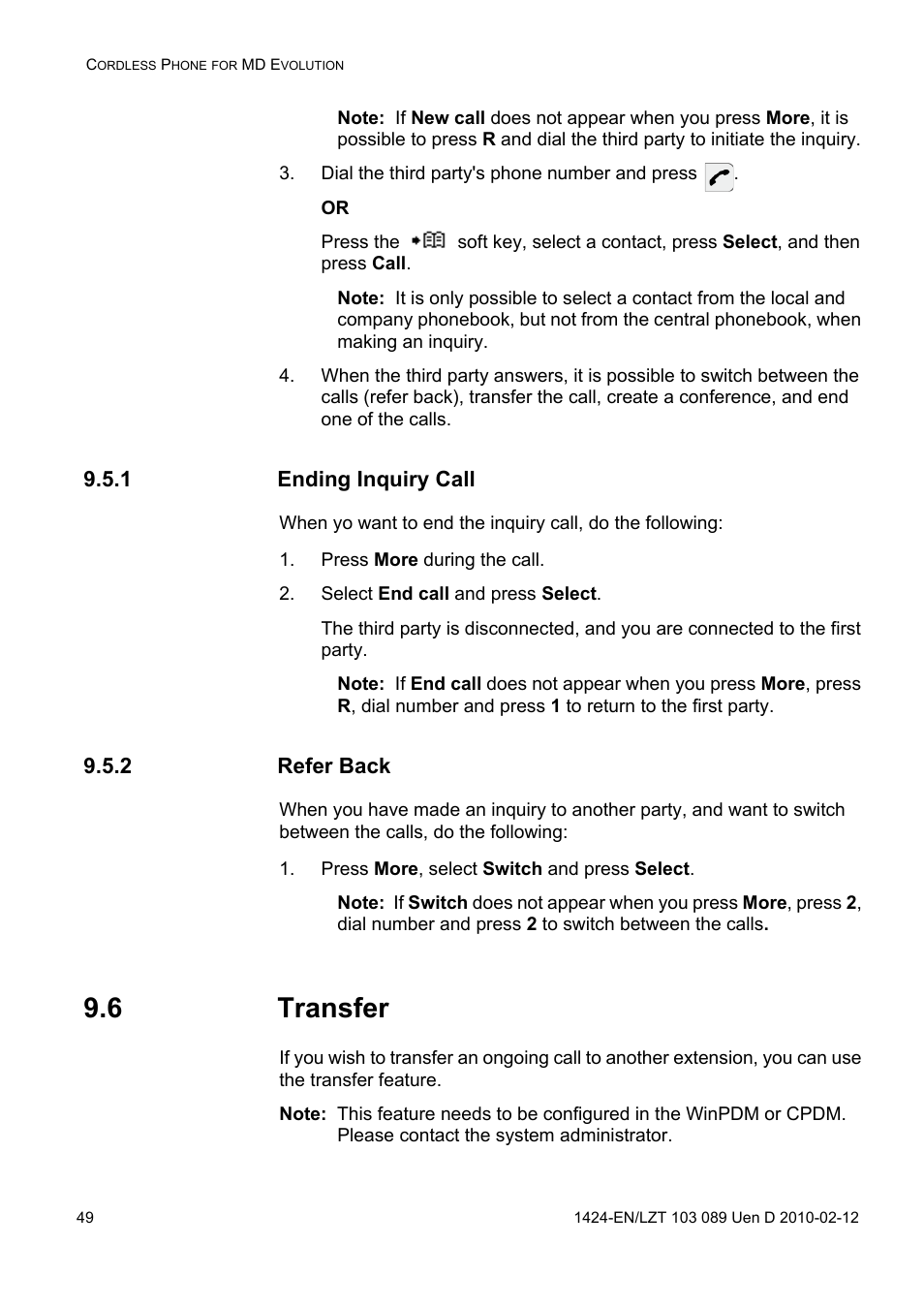 Dial the third party's phone number and press, 1 ending inquiry call, Press more during the call | Select end call and press select, 2 refer back, Press more, select switch and press select, 6 transfer | AASTRA DT4x3 for MX-ONE User Guide EN User Manual | Page 49 / 120