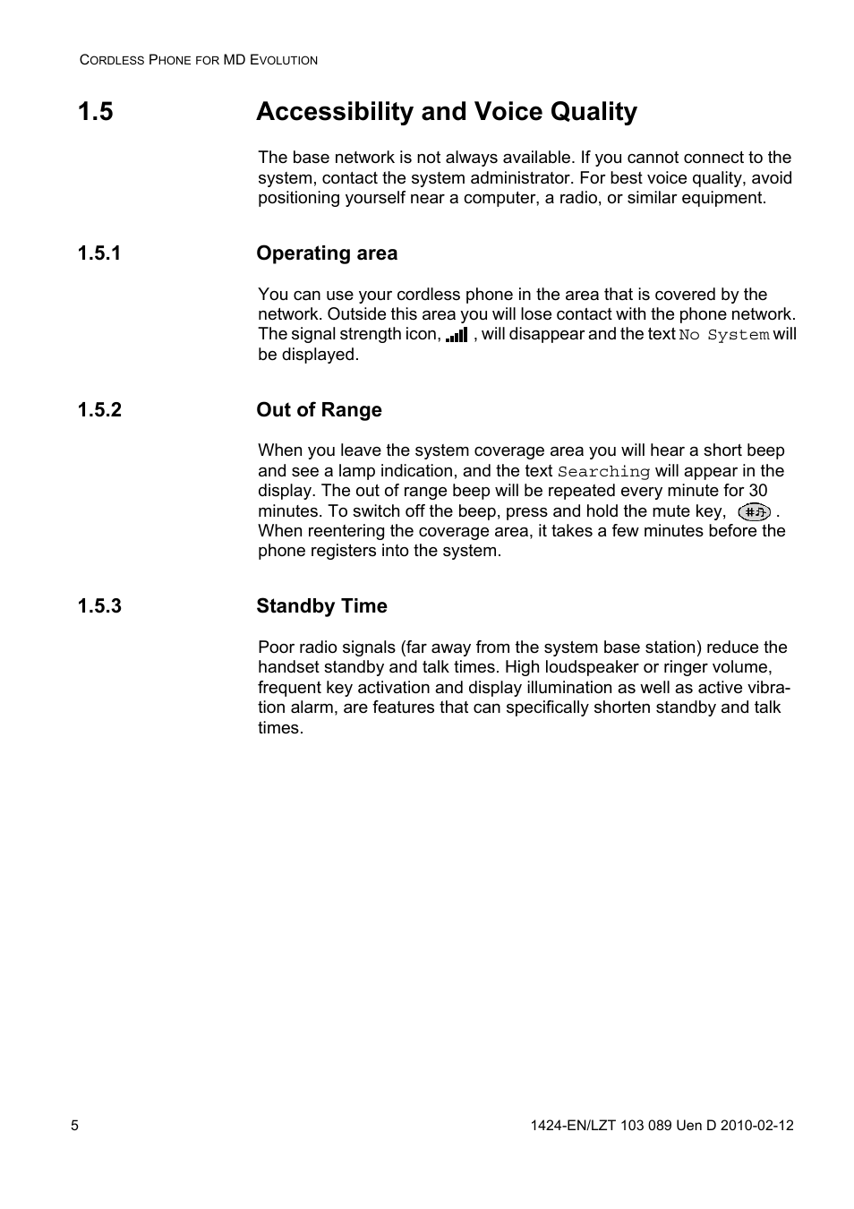 5 accessibility and voice quality, 1 operating area, 2 out of range | 3 standby time | AASTRA DT4x3 for MX-ONE User Guide EN User Manual | Page 5 / 120