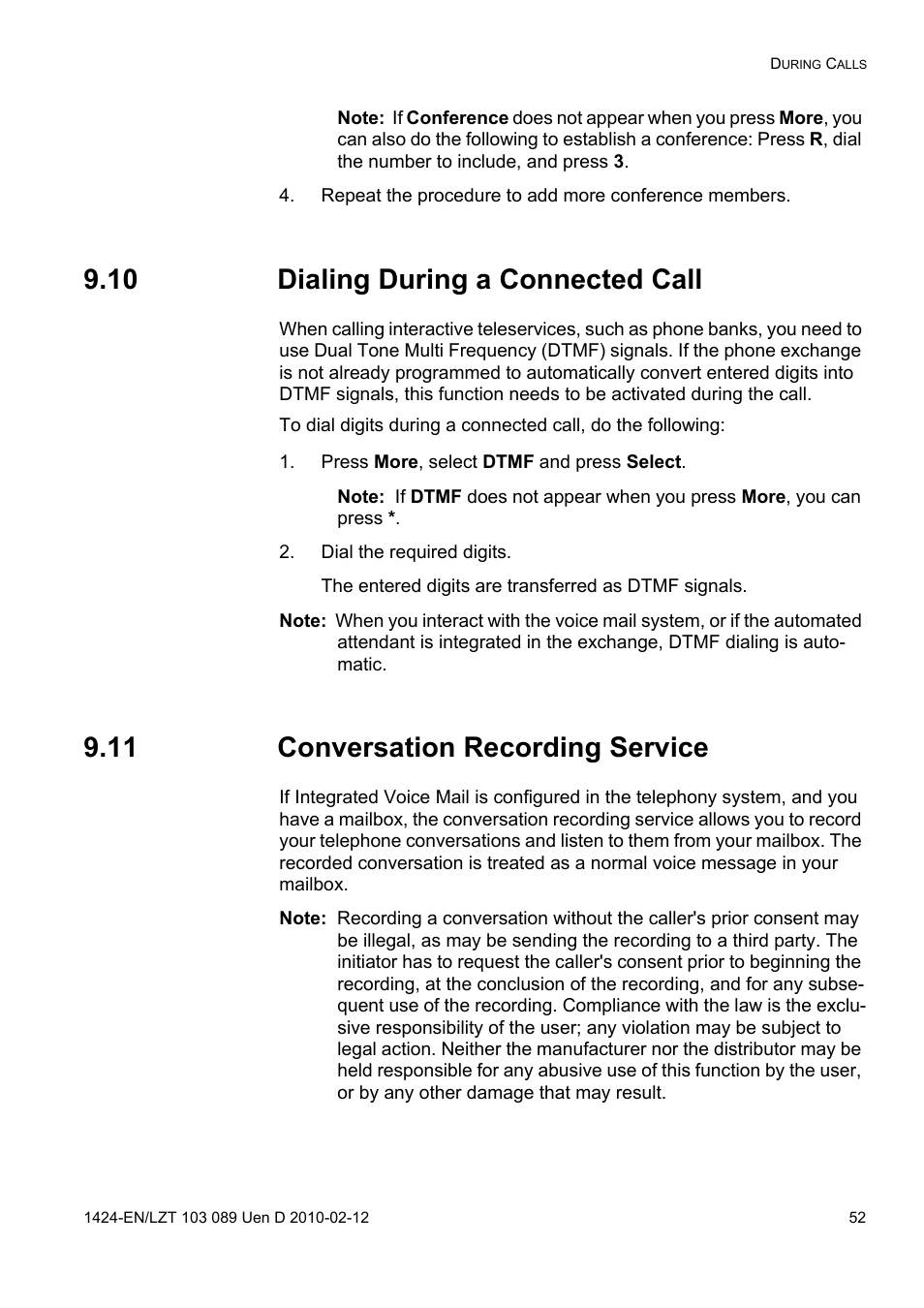 10 dialing during a connected call, Press more, select dtmf and press select, Dial the required digits | 11 conversation recording service | AASTRA DT4x3 for MX-ONE User Guide EN User Manual | Page 52 / 120