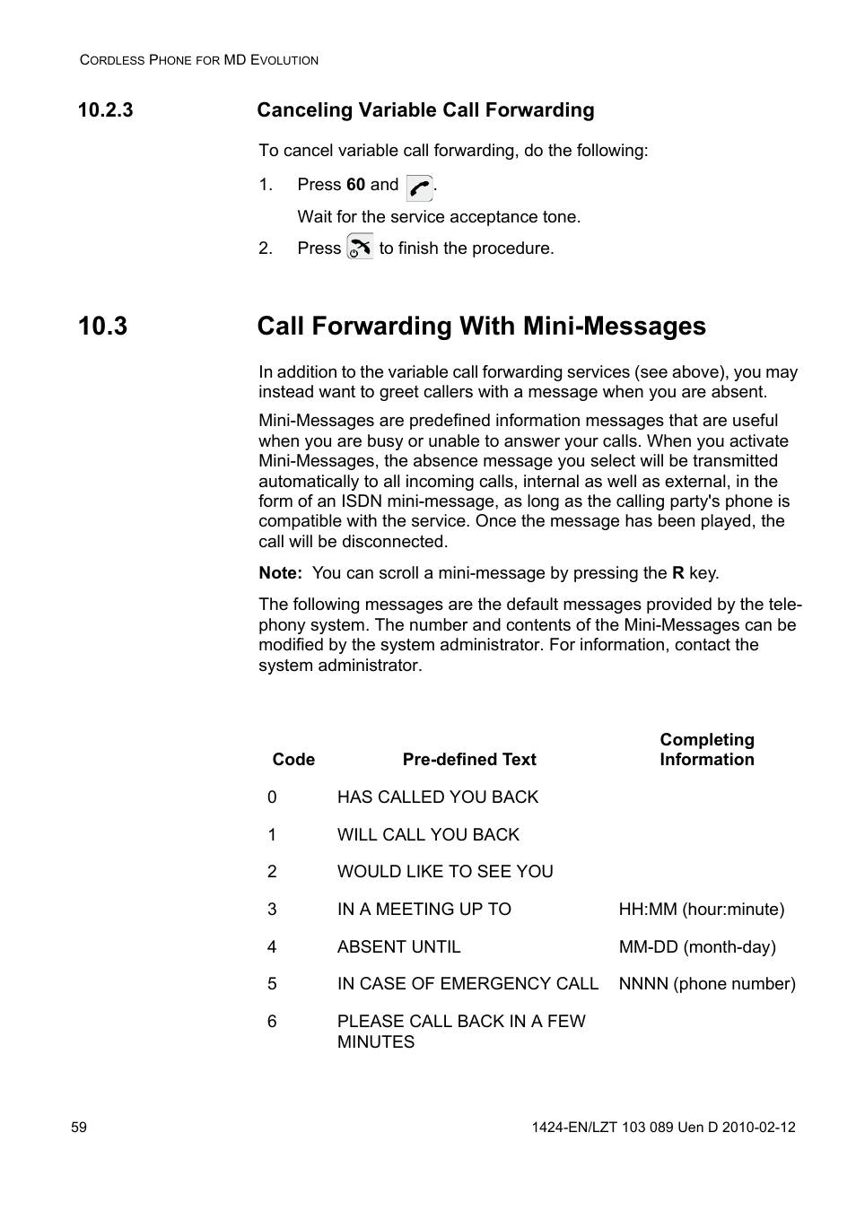 3 canceling variable call forwarding, Press 60 and, Press to finish the procedure | 3 call forwarding with mini-messages | AASTRA DT4x3 for MX-ONE User Guide EN User Manual | Page 59 / 120