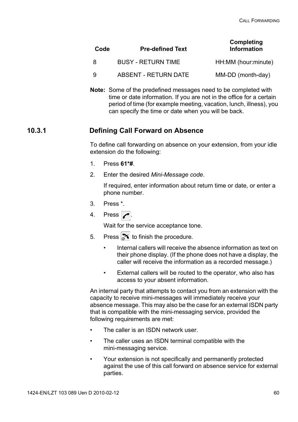 1 defining call forward on absence, Press 61, Enter the desired mini-message code | Press, Press to finish the procedure | AASTRA DT4x3 for MX-ONE User Guide EN User Manual | Page 60 / 120