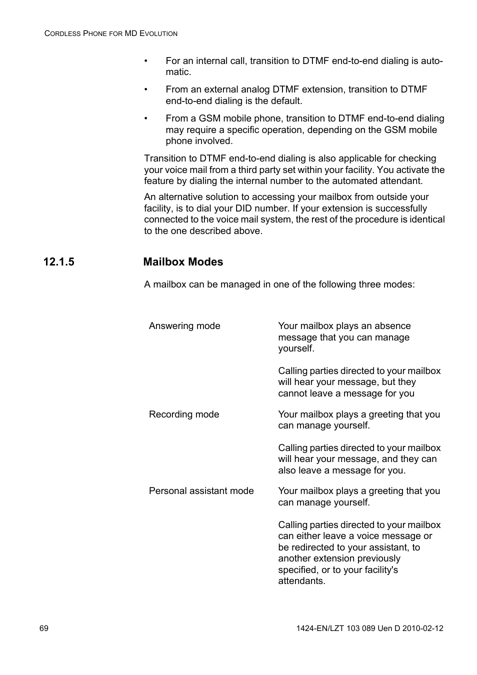 5 mailbox modes | AASTRA DT4x3 for MX-ONE User Guide EN User Manual | Page 69 / 120