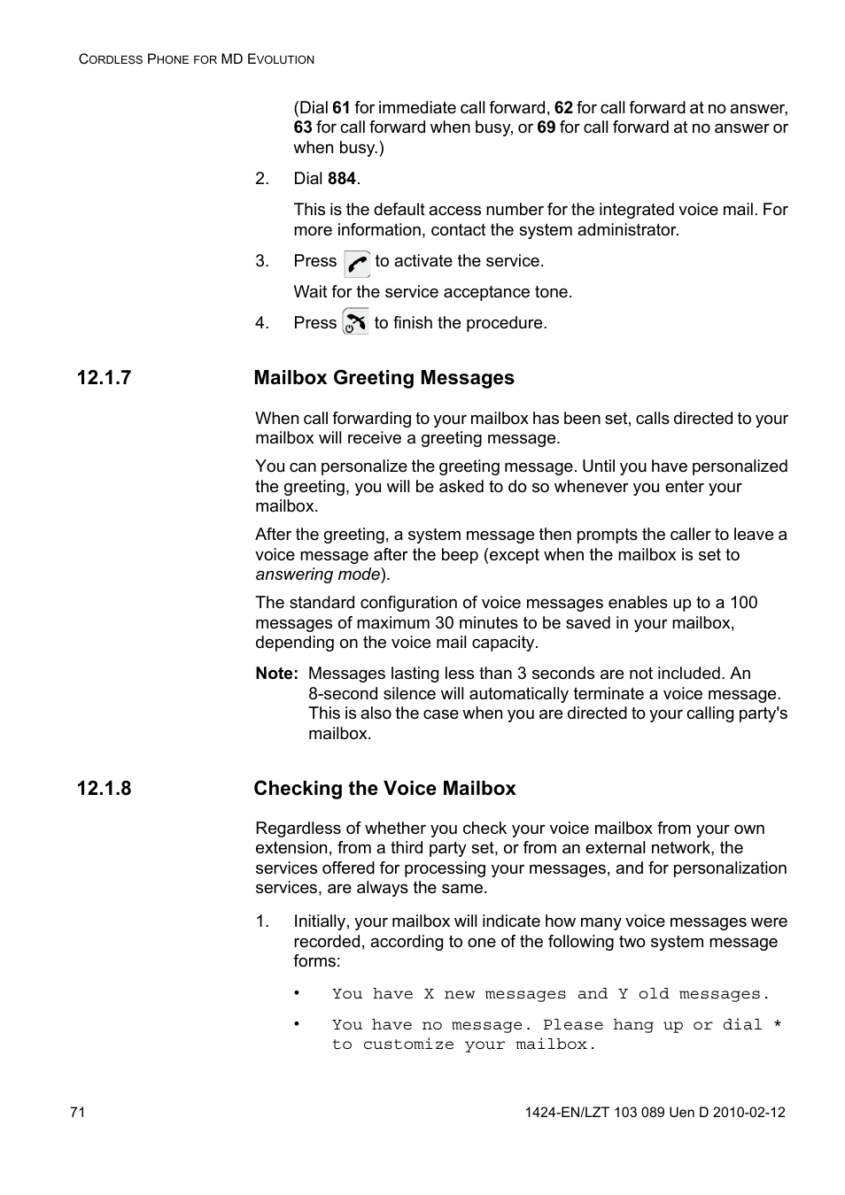 Dial 884, Press to activate the service, Press to finish the procedure | 7 mailbox greeting messages, 8 checking the voice mailbox | AASTRA DT4x3 for MX-ONE User Guide EN User Manual | Page 71 / 120