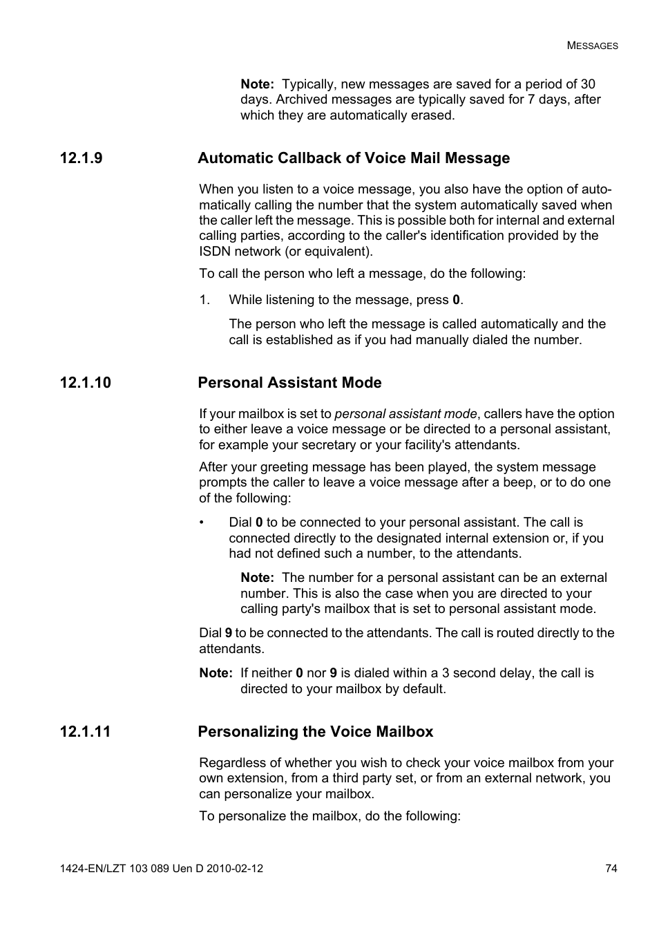 9 automatic callback of voice mail message, While listening to the message, press 0, 10 personal assistant mode | 11 personalizing the voice mailbox | AASTRA DT4x3 for MX-ONE User Guide EN User Manual | Page 74 / 120
