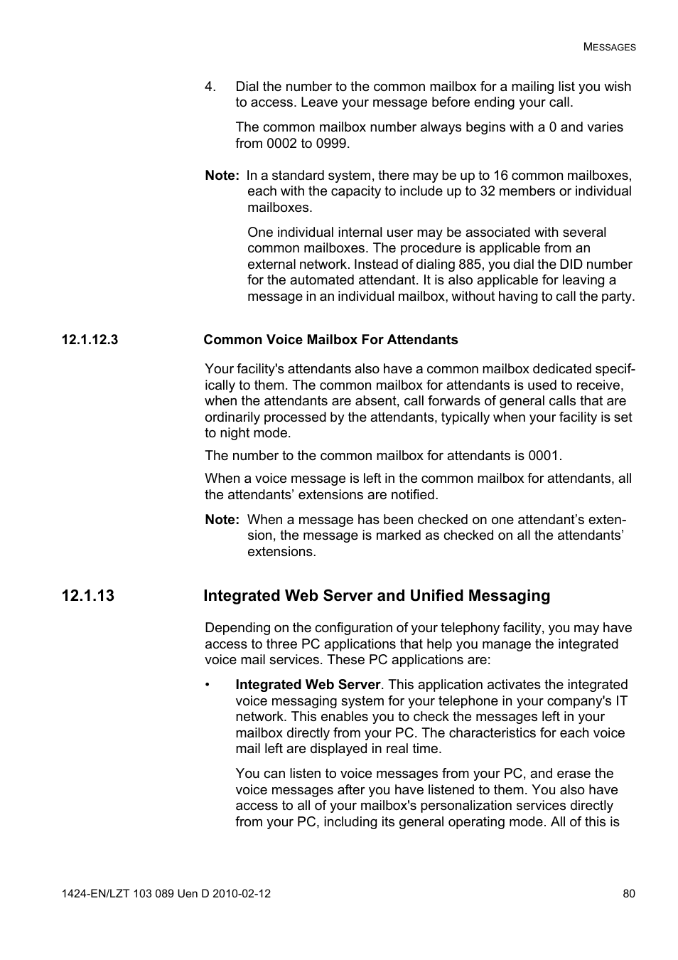 3 common voice mailbox for attendants, 13 integrated web server and unified messaging | AASTRA DT4x3 for MX-ONE User Guide EN User Manual | Page 80 / 120