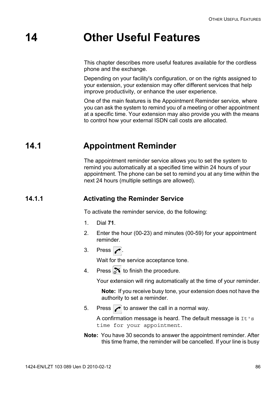 14 other useful features, 1 appointment reminder, 1 activating the reminder service | Dial 71, Press, Press to finish the procedure, Press to answer the call in a normal way | AASTRA DT4x3 for MX-ONE User Guide EN User Manual | Page 86 / 120