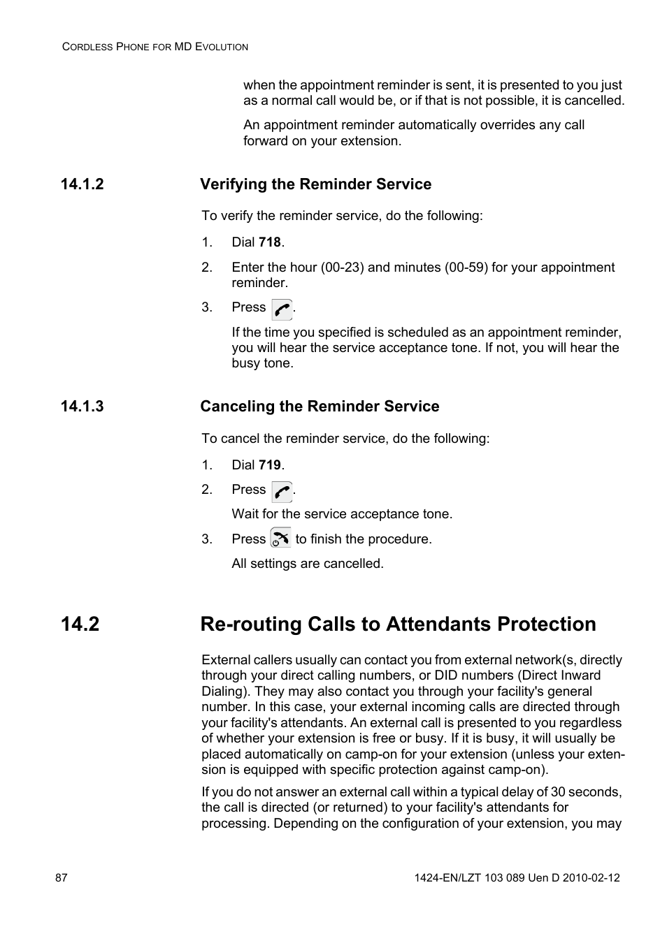 2 verifying the reminder service, Dial 718, Press | 3 canceling the reminder service, Dial 719, Press to finish the procedure, 2 re-routing calls to attendants protection | AASTRA DT4x3 for MX-ONE User Guide EN User Manual | Page 87 / 120