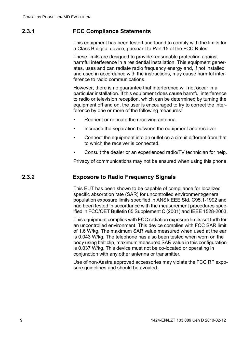 1 fcc compliance statements, 2 exposore to radio frequency signals | AASTRA DT4x3 for MX-ONE User Guide EN User Manual | Page 9 / 120