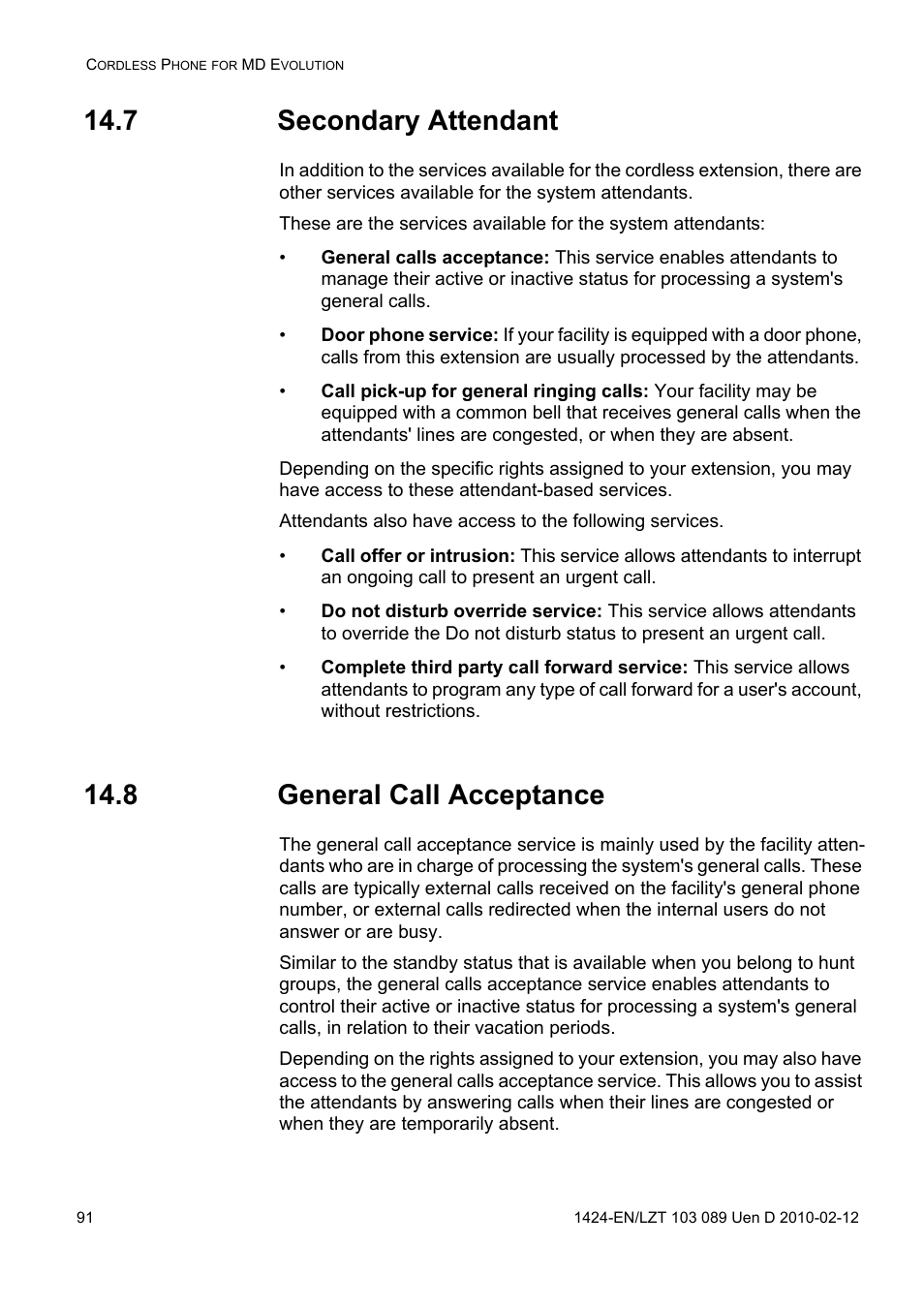 7 secondary attendant, 8 general call acceptance | AASTRA DT4x3 for MX-ONE User Guide EN User Manual | Page 91 / 120