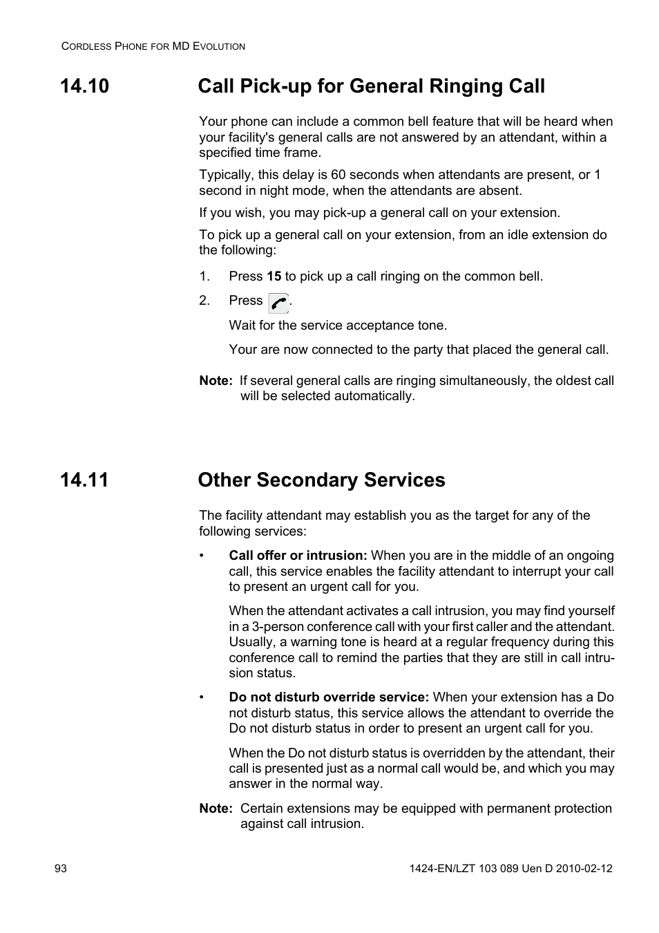 10 call pick-up for general ringing call, Press, 11 other secondary services | AASTRA DT4x3 for MX-ONE User Guide EN User Manual | Page 93 / 120