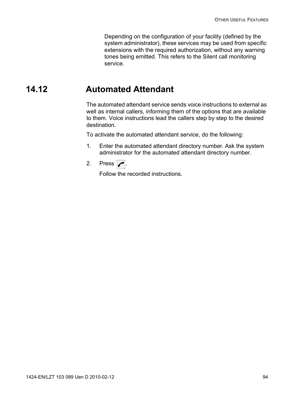 12 automated attendant, Press | AASTRA DT4x3 for MX-ONE User Guide EN User Manual | Page 94 / 120