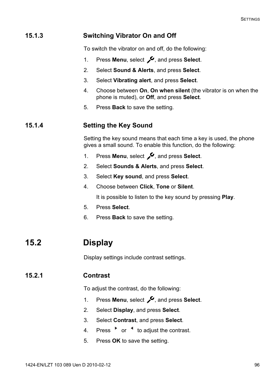 3 switching vibrator on and off, Press menu, select , and press select, Select sound & alerts, and press select | Select vibrating alert, and press select, Press back to save the setting, 4 setting the key sound, Select sounds & alerts, and press select, Select key sound, and press select, Choose between click, tone or silent, Press select | AASTRA DT4x3 for MX-ONE User Guide EN User Manual | Page 96 / 120