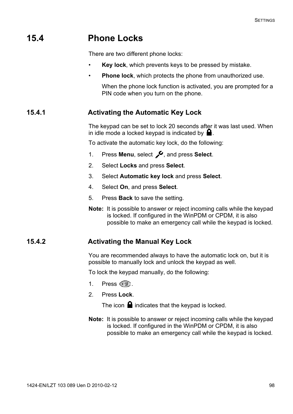 4 phone locks, 1 activating the automatic key lock, Press menu, select , and press select | Select locks and press select, Select automatic key lock and press select, Select on, and press select, Press back to save the setting, 2 activating the manual key lock, Press, Press lock | AASTRA DT4x3 for MX-ONE User Guide EN User Manual | Page 98 / 120