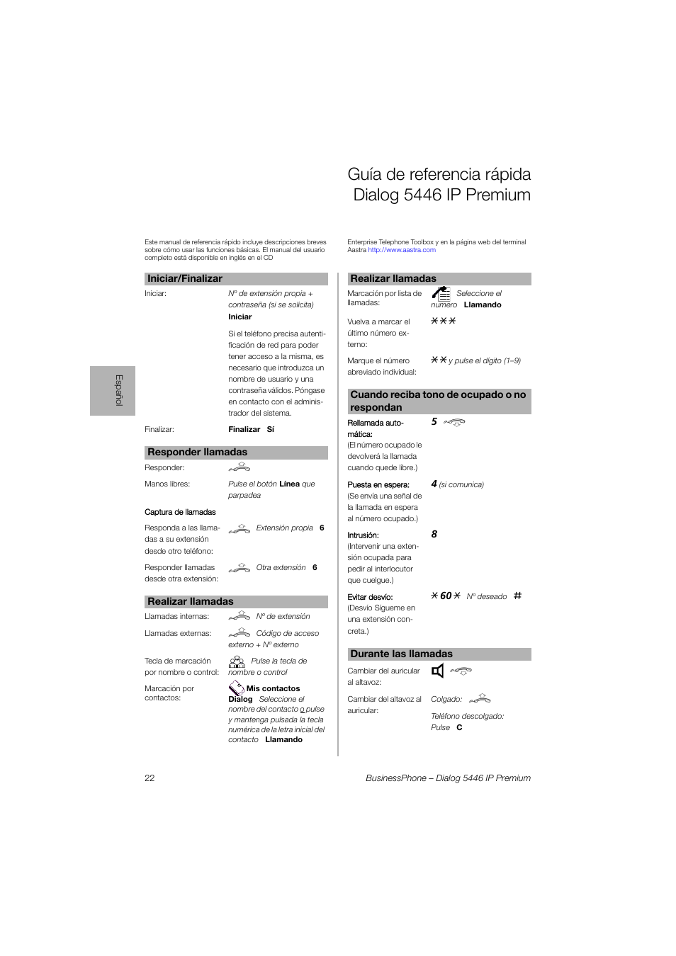 Español, Guía de referencia rápida dialog 5446 ip premium | AASTRA 7446ip (5446ip) for BusinessPhone Quick Reference Guide User Manual | Page 21 / 58