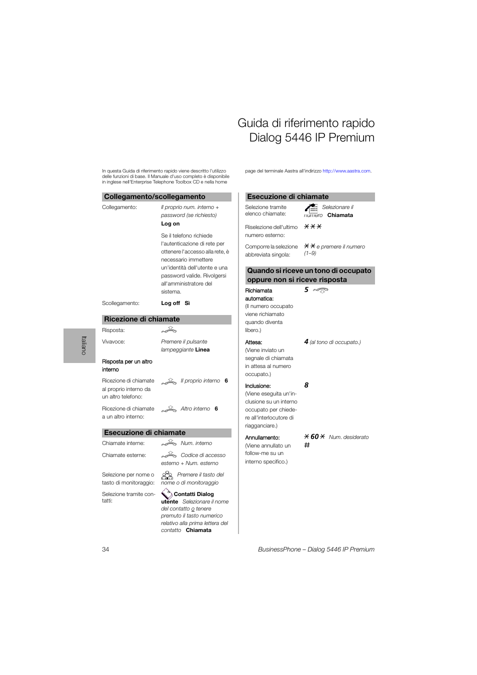 Italiano, Guida di riferimento rapido dialog 5446 ip premium | AASTRA 7446ip (5446ip) for BusinessPhone Quick Reference Guide User Manual | Page 33 / 58