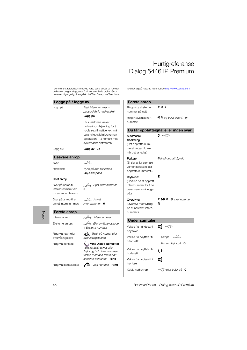 Norsk, Hurtigreferanse dialog 5446 ip premium | AASTRA 7446ip (5446ip) for BusinessPhone Quick Reference Guide User Manual | Page 45 / 58
