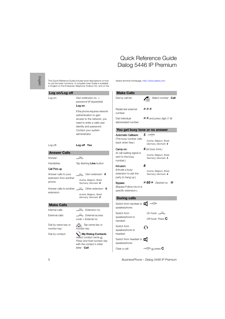 English, Quick reference guide dialog 5446 ip premium | AASTRA 7446ip (5446ip) for BusinessPhone Quick Reference Guide User Manual | Page 5 / 58