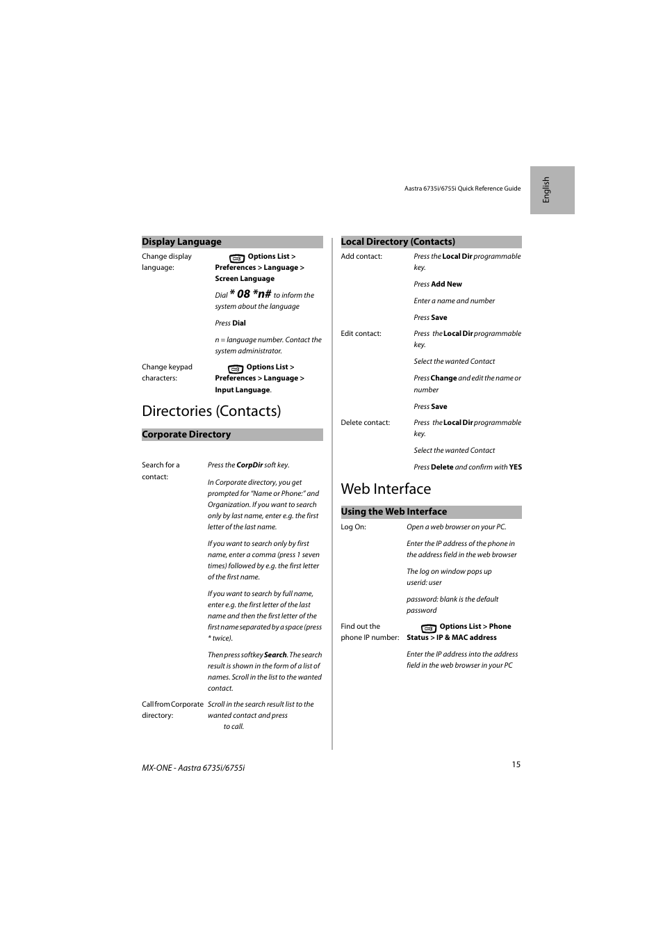 Directories (contacts), Web interface, 08 *n | AASTRA 6755i for MX-ONE Quick Reference Guide EN User Manual | Page 15 / 18