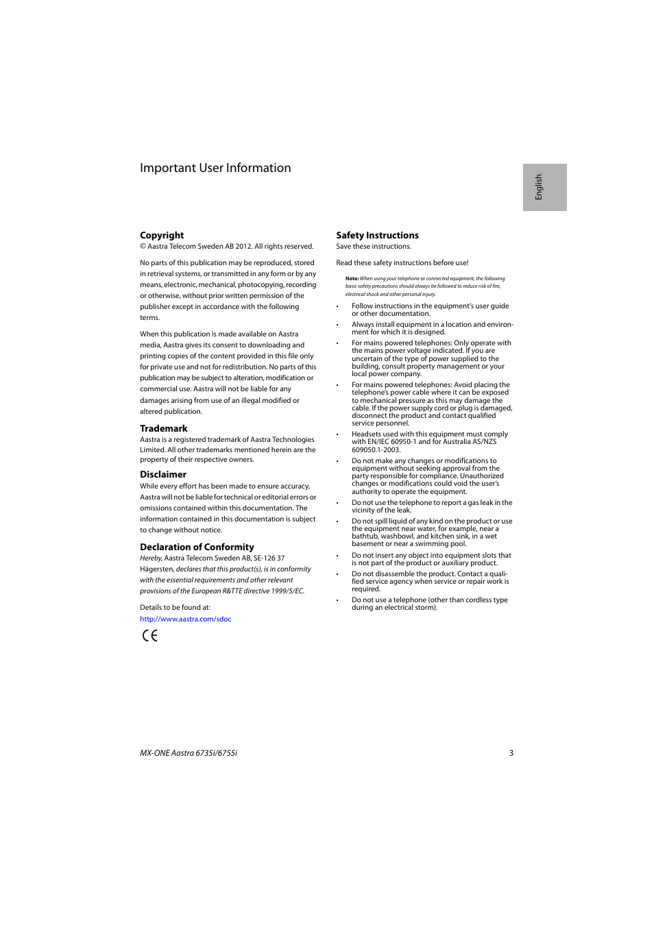 Important user information | AASTRA 6755i for MX-ONE Quick Reference Guide EN User Manual | Page 3 / 18