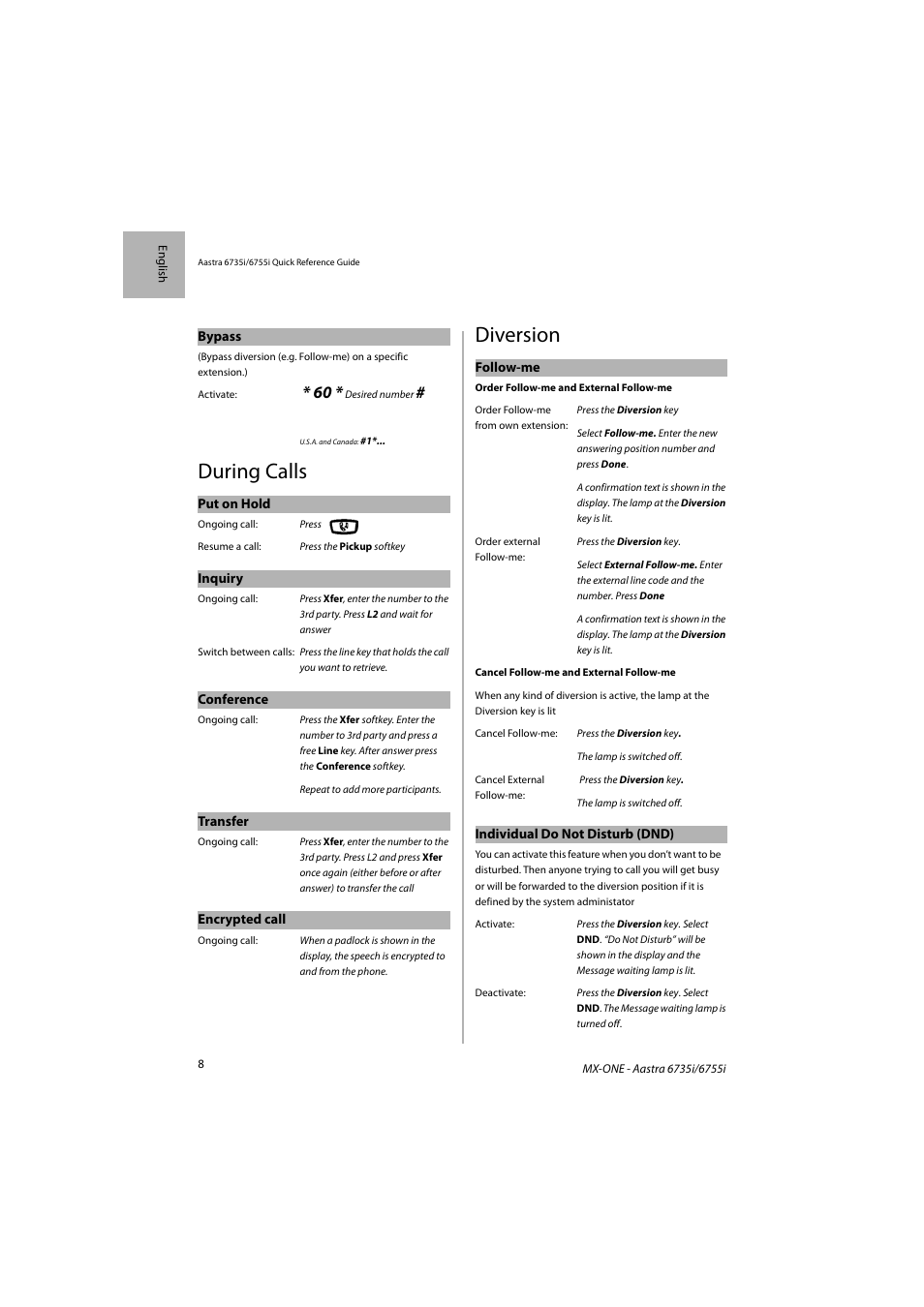 During calls, Diversion | AASTRA 6755i for MX-ONE Quick Reference Guide EN User Manual | Page 8 / 18