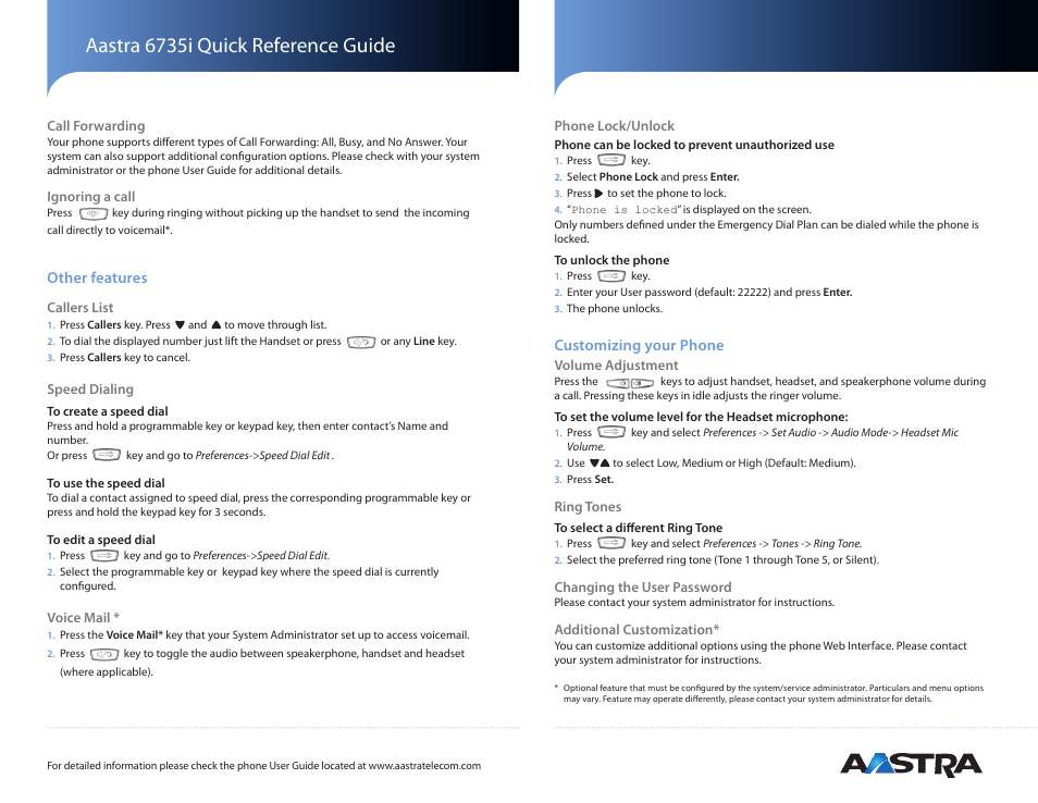 Aastra 6735i quick reference guide, Other features, Customizing your phone | AASTRA 6735i Quick Reference Guide EN User Manual | Page 2 / 2