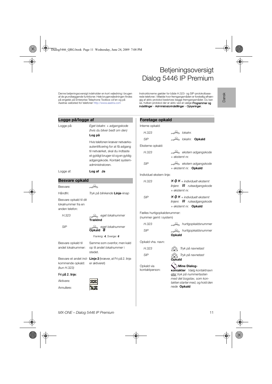 Dansk, Betjeningsoversigt dialog 5446 ip premium | AASTRA 7446ip (5446ip) for MX-ONE Quick Reference Guide User Manual | Page 11 / 80