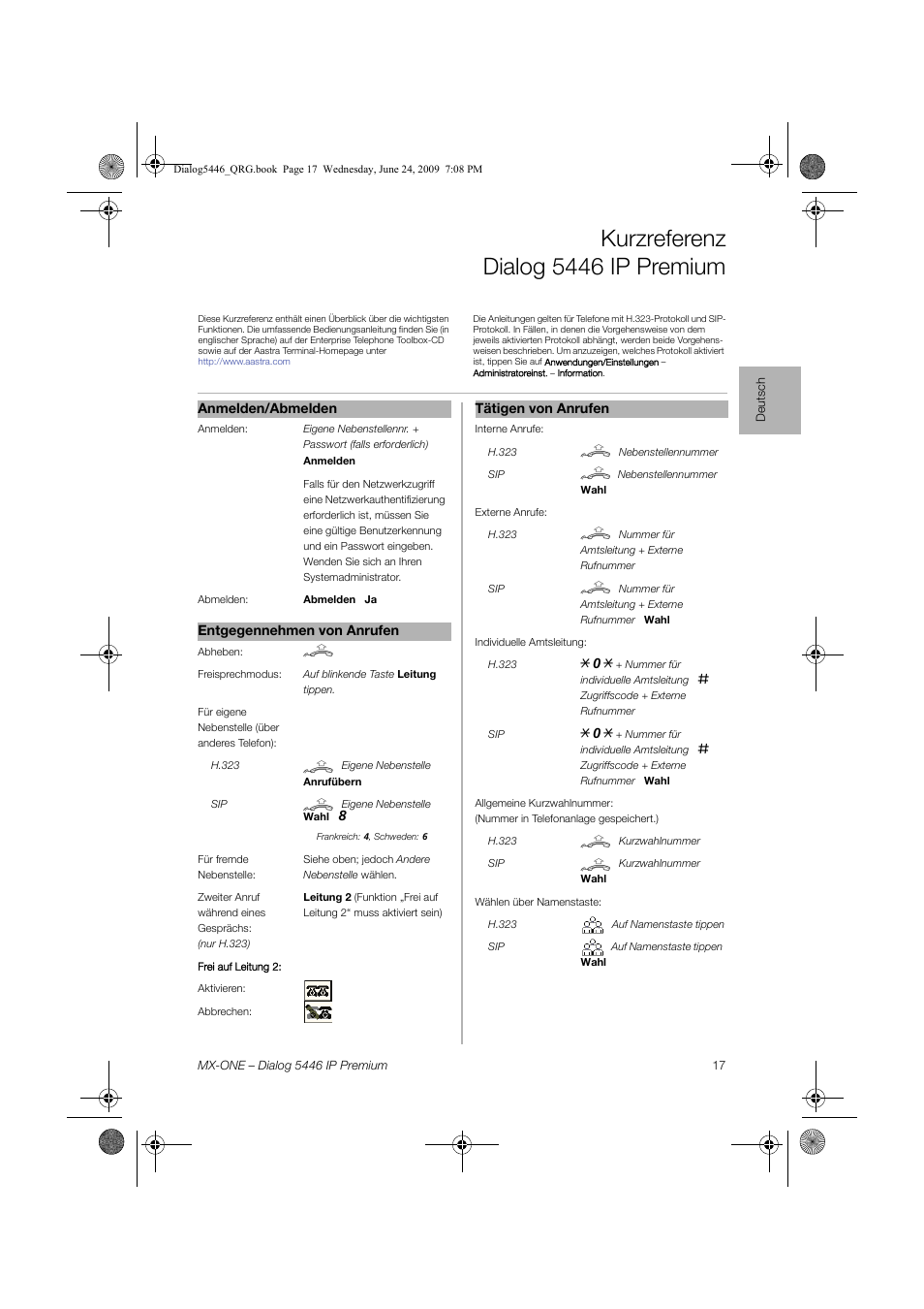 Deutsch, Kurzreferenz dialog 5446 ip premium | AASTRA 7446ip (5446ip) for MX-ONE Quick Reference Guide User Manual | Page 17 / 80