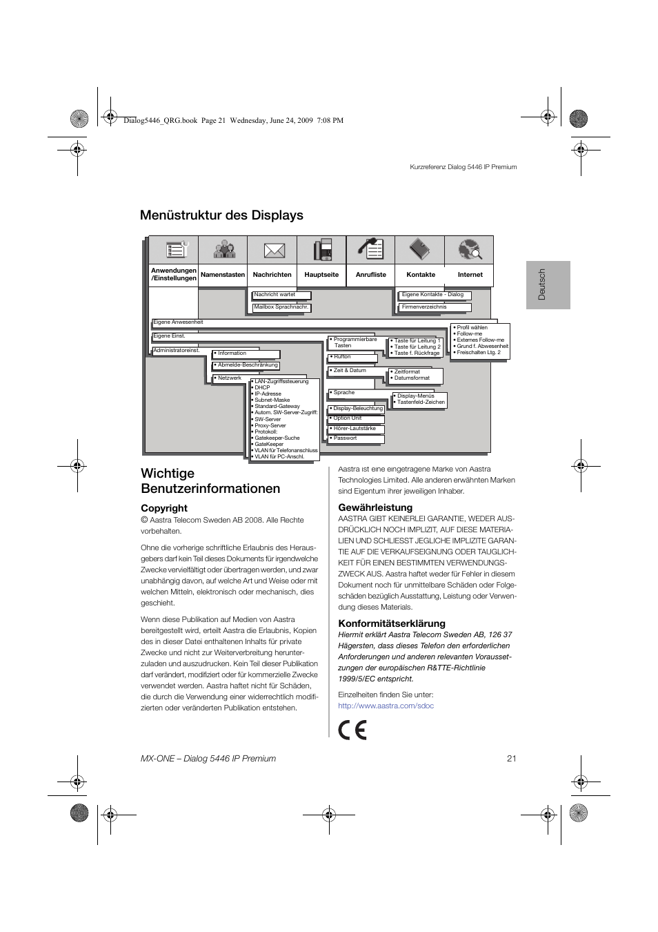 Wichtige benutzerinformationen, Menüstruktur des displays, Copyright | Gewährleistung, Konformitätserklärung | AASTRA 7446ip (5446ip) for MX-ONE Quick Reference Guide User Manual | Page 21 / 80