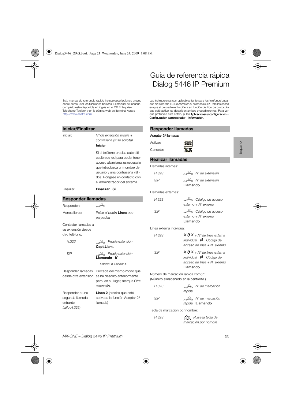 Español, Guía de referencia rápida dialog 5446 ip premium | AASTRA 7446ip (5446ip) for MX-ONE Quick Reference Guide User Manual | Page 23 / 80