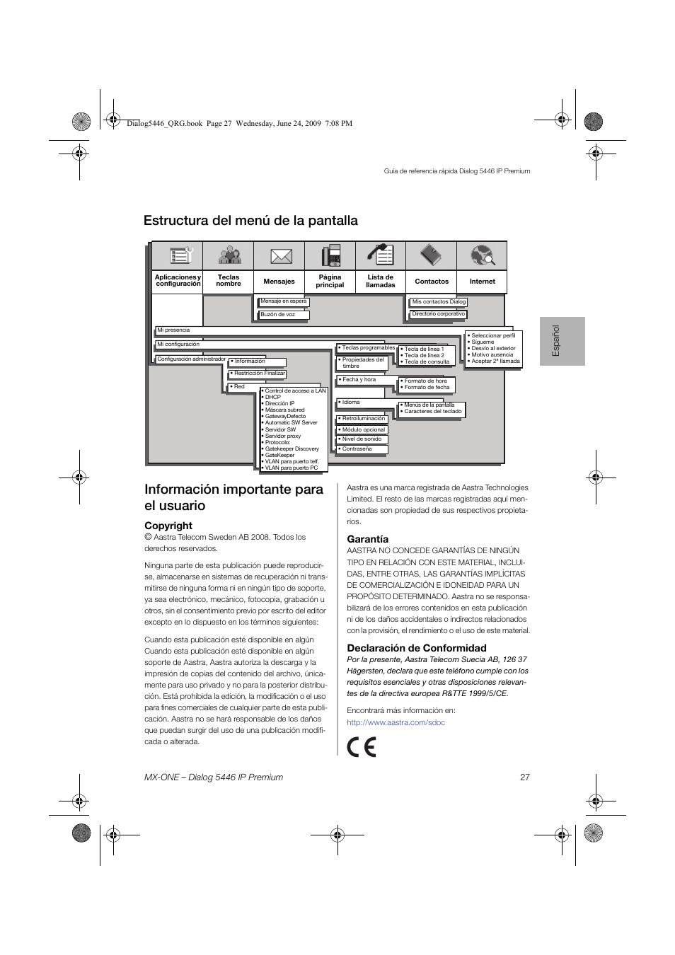 Información importante para el usuario, Estructura del menú de la pantalla, Copyright | Garantía, Declaración de conformidad | AASTRA 7446ip (5446ip) for MX-ONE Quick Reference Guide User Manual | Page 27 / 80