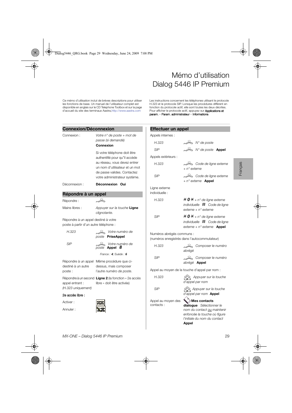 Français, Mémo d’utilisation dialog 5446 ip premium | AASTRA 7446ip (5446ip) for MX-ONE Quick Reference Guide User Manual | Page 29 / 80