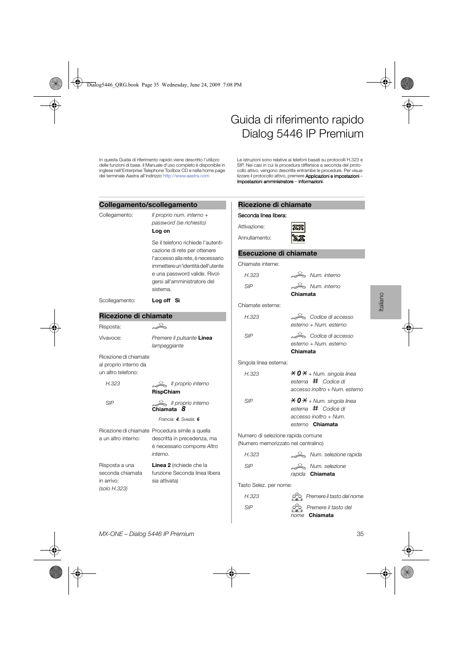 Italiano, Guida di riferimento rapido dialog 5446 ip premium | AASTRA 7446ip (5446ip) for MX-ONE Quick Reference Guide User Manual | Page 35 / 80