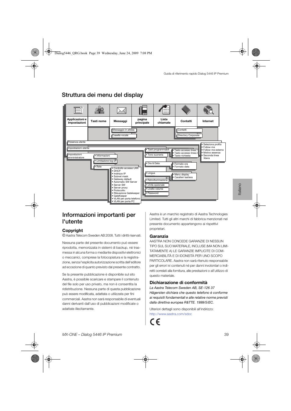 Informazioni importanti per l'utente, Struttura dei menu del display, Copyright | Garanzia, Dichiarazione di conformità | AASTRA 7446ip (5446ip) for MX-ONE Quick Reference Guide User Manual | Page 39 / 80