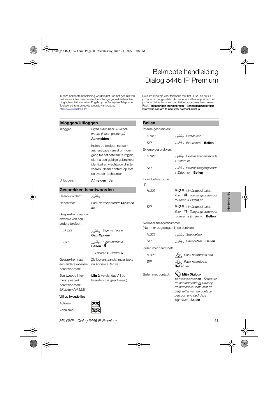 Nederlands, Beknopte handleiding dialog 5446 ip premium | AASTRA 7446ip (5446ip) for MX-ONE Quick Reference Guide User Manual | Page 41 / 80
