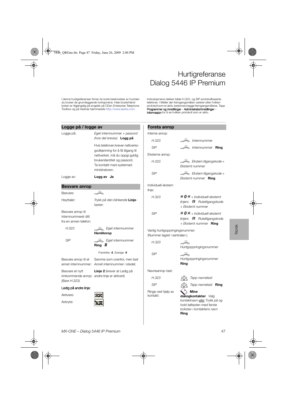 Norsk, Hurtigreferanse dialog 5446 ip premium | AASTRA 7446ip (5446ip) for MX-ONE Quick Reference Guide User Manual | Page 47 / 80